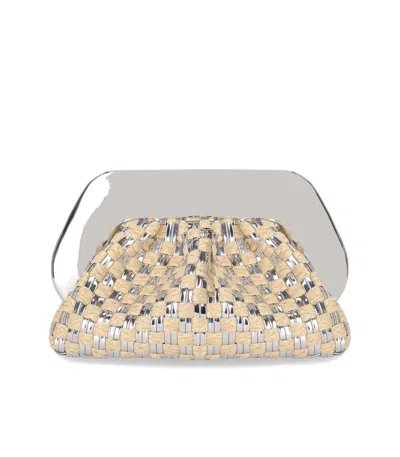 Themoirè Tia Micro Weaved Straw Laminated Silver Clutch Bag
