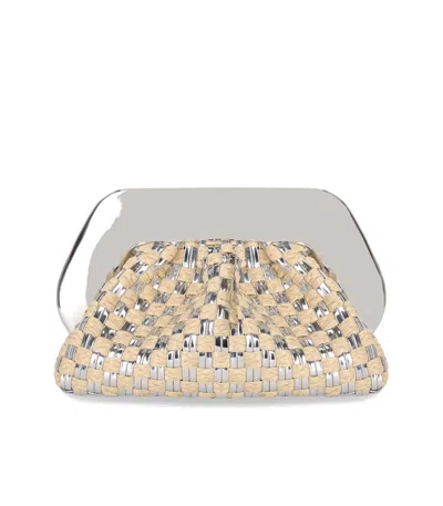 Themoirè Tia Micro Weaved Straw Laminated Silver Clutch Bag