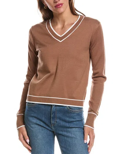 Theo And Spence Stipe Trim V-neck Sweater In Brown