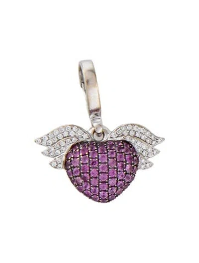Pre-owned Theo Fennell 18k Pink Sapphire & Diamond Winged Heart Pendant Charm, 1" In Multi