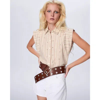 Theo The Label Astraea Stripe Embellished Sleeveless Shirt In Brown