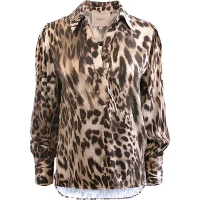 Theo The Label Danae Leopard Print Henley Shirt In Brown