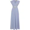 Theo The Label Echo Beaded Belt V-neck Shirtdress In Blue Stripe