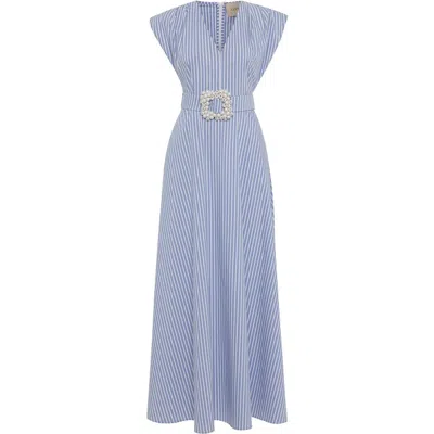 Theo The Label Echo Beaded Belt V-neck Shirtdress In Blue Stripe