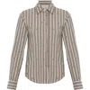 Theo The Label Echo Mix Stripe Pearly Shirt In Brown
