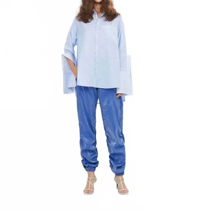 Theo The Label Echo Side Button Boyfriend Stripe Shirt In Sky Blue