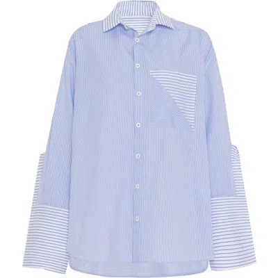 Theo The Label Echo Side Button Boyfriend Stripe Shirt In Sky Blue
