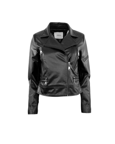 Theo The Label Hera Vegan Leather Biker Jacket In Black