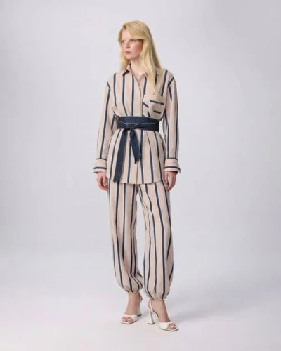 Theo The Label Ismene Side Button Boyfriend Stripe Shirt In Neutral