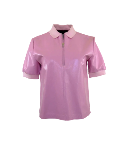 Theo The Label Leto Paper Leather Zip Polo Tee In Pink
