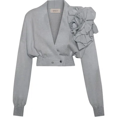 Theo The Label Nomia Cropped Rosette Cardigan In Heather Grey