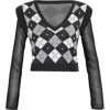 Theo The Label Women's Black / Grey Nomia Plaid Pearly V-neck Sweater In Grey/silver