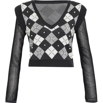 THEO THE LABEL THEO THE LABEL NOMIA PLAID PEARLY V-NECK SWEATER