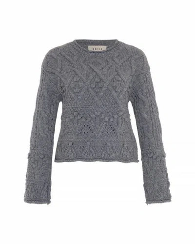 Theo The Label Rhodos Fisherman Cable Pullover In Gray