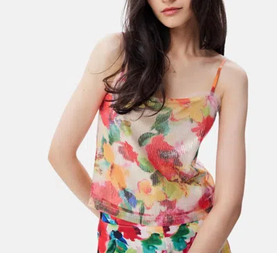 Theo The Label Theia Flower Print Sequin Tank Top In Mandarine In Multi