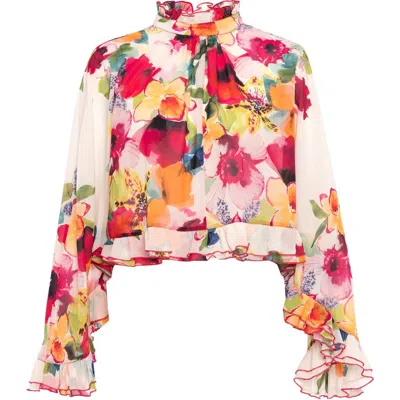 Theo The Label Theia Orchid Print Ruffle Blouse In Mandarine Flower In Multi
