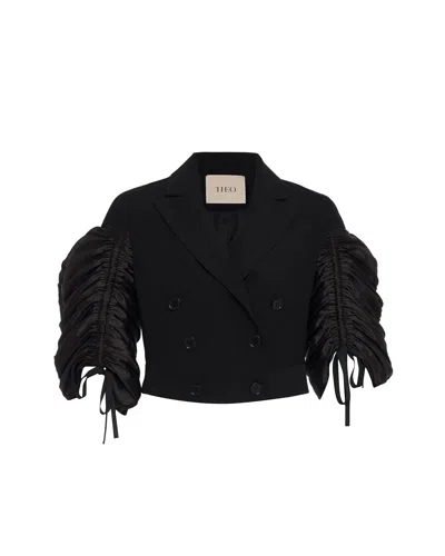 Theo The Label Women's Black Daphne Ruched Taffeta Sleeve Db Jacket