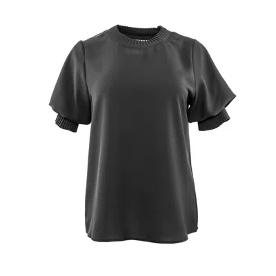 Theo The Label Women's Black Dione Short Sleeve  Pleated Neck Top