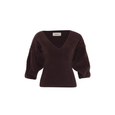 Theo The Label Women's Brown Ersa Bouffant Sleeve V-neck Pullover - Coffee Lover