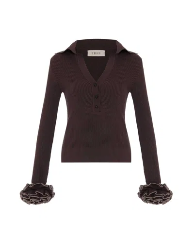 THEO THE LABEL WOMEN'S BROWN NOMIA RUFFLE SLEEVE JOHNNY SWEATER - KOFFEE BEAN / WHEAT