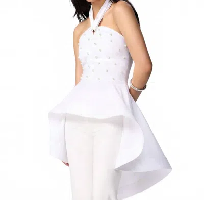 Theo The Label Women's Echo Hi-low Pearly Halter Shirting Top In White / Pearl