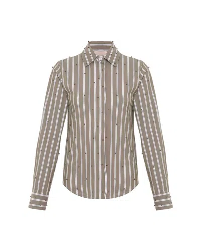 Theo The Label Women's Echo Mix Stripe Pearly Shirt In Tapenade/grey In Gray