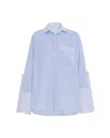 Theo The Label Echo Side Button Boyfriend Stripe Shirt In Blue