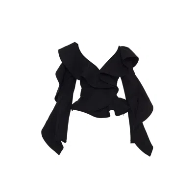 Theo The Label Women's Gaia Ruffle Shoulder V-neck Top - Black