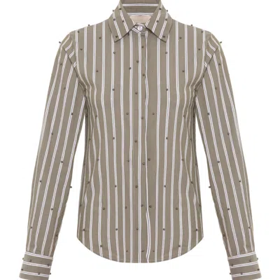 Theo The Label Women's Green Echo Mix Stripe Pearly Shirt - Tapenade / Gunmetal In Multi