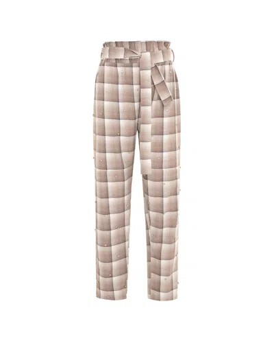 Theo The Label Women's Neutrals Europa Plaid Flannel Crystal Pant - Wheat / Crystal In Black