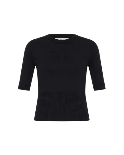 Theo The Label Women's Nomia Ribbed Waist Crew Sweater Tee - Black In Blue