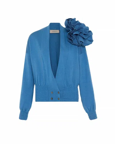 THEO THE LABEL WOMEN'S NOMIA RIBBED WAIST ROSETTE CARDIGAN - RETRO BLUE