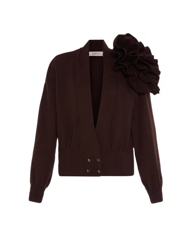 Theo The Label Nomia Ribbed Waist Rosette Cardigan Top In Koffee In Brown