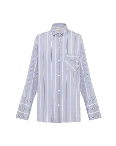 Theo The Label Women's Purple Euanthe Side Button Boyfriend Stripe Shirt - Cosmic Mauve