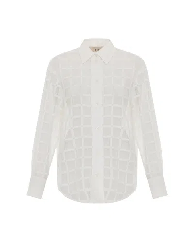 THEO THE LABEL WOMEN'S WHITE ATROPOS WINDOWPANE LACE BANKER SHIRT
