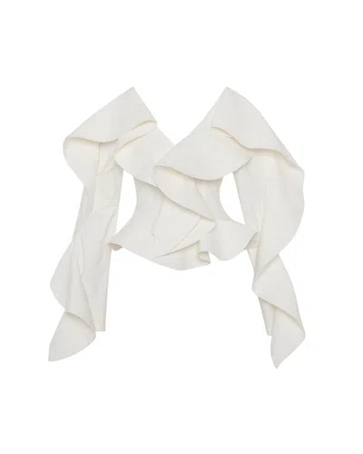Theo The Label Women's White Gaia Ruffle Shoulder V-neck Top - Ivory