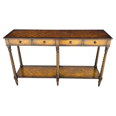 Pre-owned Theodore Alexander Burl Parquetry Console Sofa Table With 4 Drawers In Brown