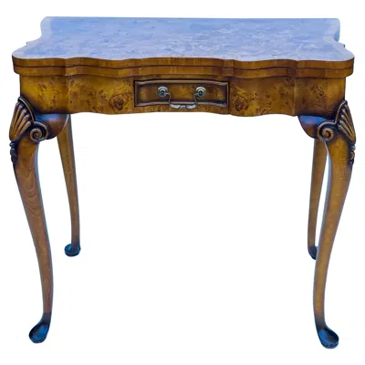 Pre-owned Theodore Alexander Burl Wood Leather Top Gate Leg Game Table Or Console Att.  In Brown
