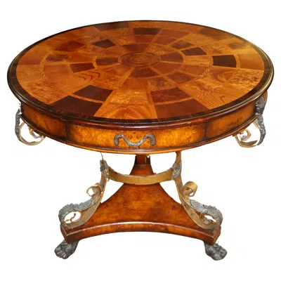 Pre-owned Theodore Alexander Caryatid Iron & Inlaid Walnut Burl Round Drum Center Table In Brown