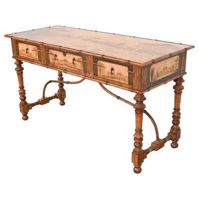 Pre-owned Theodore Alexander Chinoiserie Jacobean Hand Painted Sideboard Server, Bar Table, Or Center Table In Brown