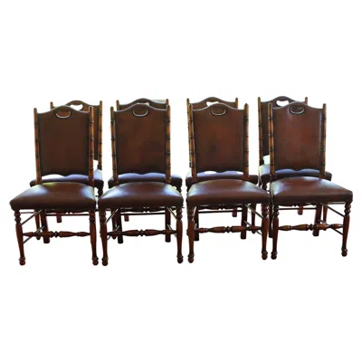 Pre-owned Theodore Alexander Fine Set Of 8 Leather Bamboo-effect Dining Chairs Made By  In Brown