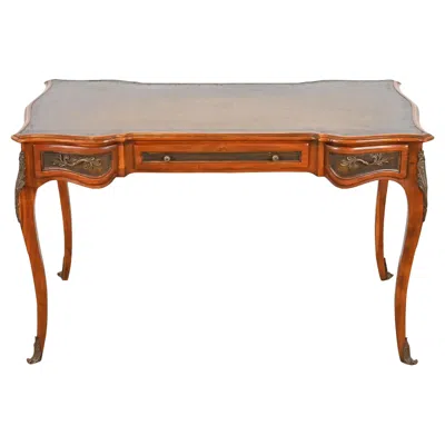 Pre-owned Theodore Alexander French Louis Xv Walnut Bureau Plat Leather Top Desk In Brown