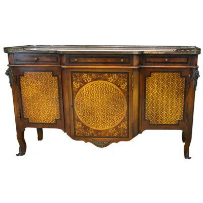 Pre-owned Theodore Alexander Italian Sideboard Marble Top Floral Inlay Brass Lion Mounts In Brown