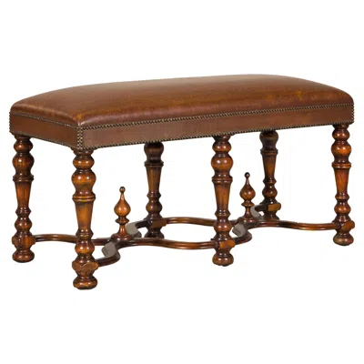 Pre-owned Theodore Alexander Louis Xiii Style Leather Bench With Turned Hardwood Legs In Brown