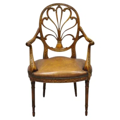Pre-owned Theodore Alexander Neoclassical Regency Style Carved Mahogany Leather Arm Chair In Brown