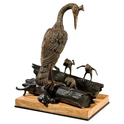 Pre-owned Theodore Alexander Pair Of Brass Sculptures Of Dancing Frogs And Stork On Birch Plinth Base In Brown