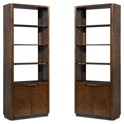 Pre-owned Theodore Alexander Pair Of Burl Wood Art Deco Bookcases In Brown