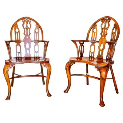 Pre-owned Theodore Alexander Pair Of Gothic Windsor Armchairs Steeple Back Strawberry Hill Gothic Revival In Brown