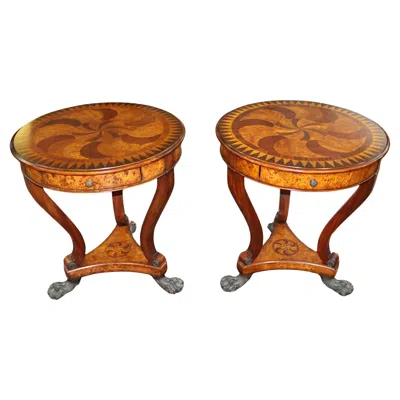 Pre-owned Theodore Alexander Pair Of  Burl Inlaid Metal Mount Occasional End Tables In Brown