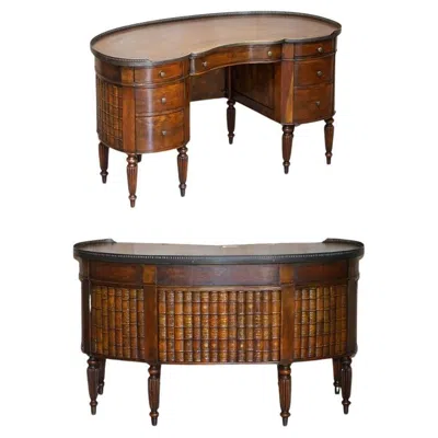 Pre-owned Theodore Alexander Stunning Faux Book Hardwood & Brown Leather Kidney Desk With Gallery Rail